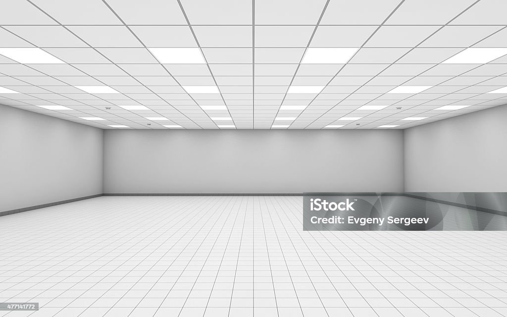 Wide empty office room interior with white walls 3 d Abstract wide empty office room interior with white walls, ceiling illumination and floor tiling, 3d illustration Ceiling Stock Photo