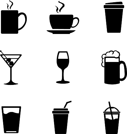 Vector Set of Drinks Icons. Tea, Coffee, Alcohol, Martini, Wine, Beer, Mineral Water, Fizzy Water, Smoothie, Cocktail.