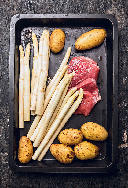Raw asparagus with veal meat schnitzel and yong potatoes