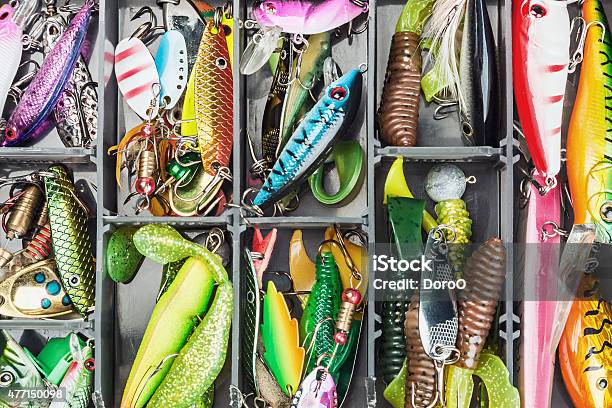 Fishing Lures And Accessories In The Box Stock Photo - Download Image Now - Fishing Tackle, Box - Container, Fishing Bait
