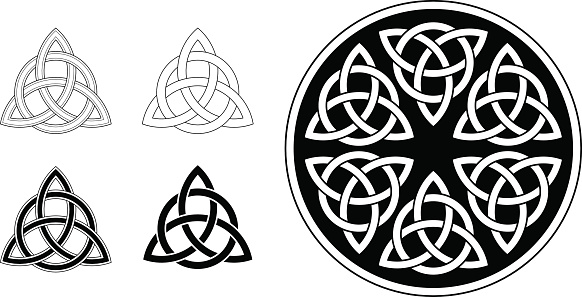 Classic Celtic trinity ornament (triquetra) in black on white background. The symbol is based on a circle, interwoven three petals, forming an endless knot. The design is illustrated in different versions: as line work (simple and complex), as a black and white tattoo and in a circular mandala version. 