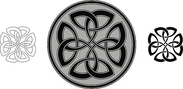 Celtic four trinity clover (Infinity knot variation n° 4) Celtic clover ornament in black on white background. The symbol is based on for trinity symbols, interwinding to the shape of a clover. circle, forming an endless knot. The design is illustrated as line work, as a black and white tattoo and in a circular mandala version.  celtic shamrock tattoos stock illustrations