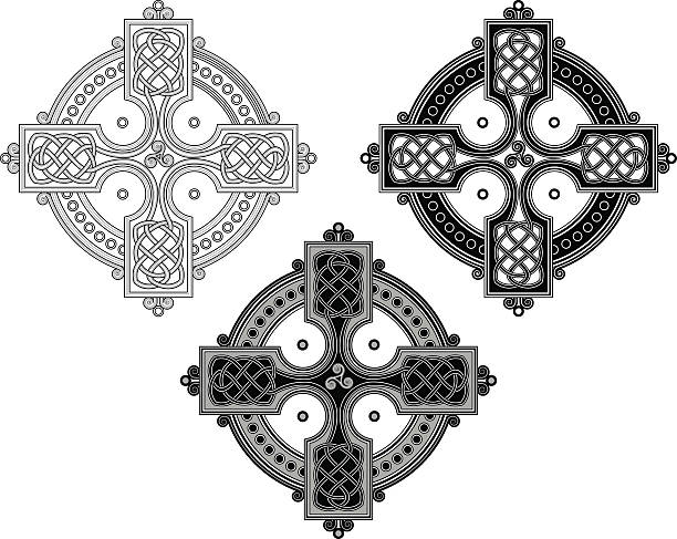 Complex Celtic cross ornament (Knotted cross variation n° 4) Complex Celtic cross ornament in black on white background. The shape is based on a square cross in a circle and filled with an ornamental, endless knot; centering a trinity symbol. The design is illustrated as line work, as a black and white tattoo and in a gray scale version. cross tattoo stock illustrations