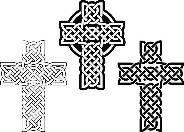 Celtic cross (Knotted cross variation n° 5) Celtic cross in black on white background. The ornate is based on the traditional cross shape and the structure of a complex, endless knot. The design is illustrated as line work and in two black and white tattoo version. celtic cross stock illustrations