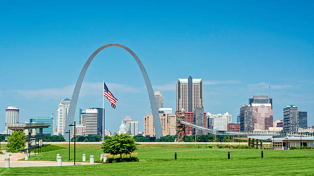 istock American flag flies over St. Louis with arch 477159964