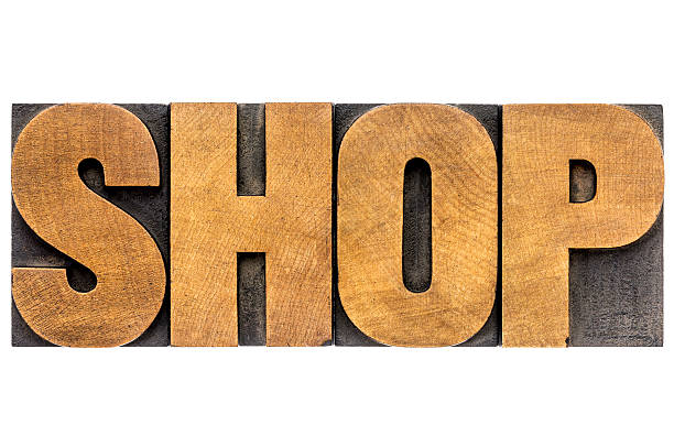 shop word - isolated text in letterpress wood type