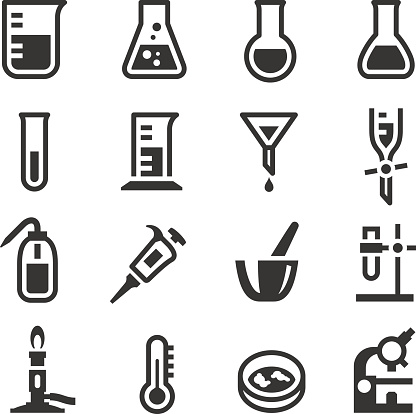 A set of chemistry laboratory object icons set, include a bunsen burner, a microscope, pipette and a squeeze bottle.