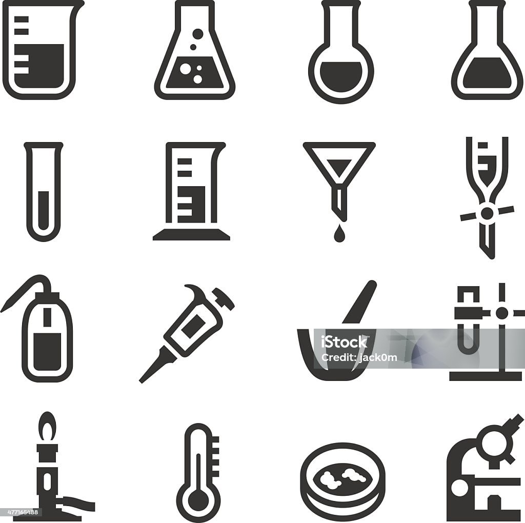 Chemistry Lab Icons Set 1 A set of chemistry laboratory object icons set, include a bunsen burner, a microscope, pipette and a squeeze bottle. Icon Symbol stock vector