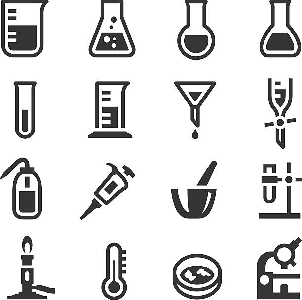 Chemistry Lab Icons Set 1 A set of chemistry laboratory object icons set, include a bunsen burner, a microscope, pipette and a squeeze bottle. science lab stock illustrations