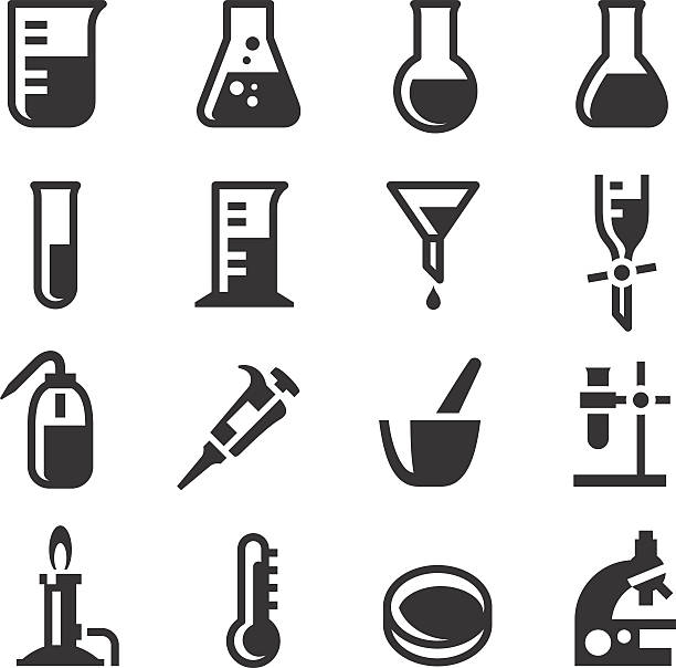 Chemistry Lab Icons Set 2 A set of chemistry laboratory object icons, include a bunsen burner, a microscope, pipette and a squeeze bottle. flask funnel stock illustrations