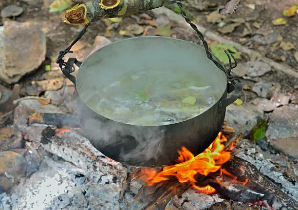 A cooking fish-soup in pot on bonfire.