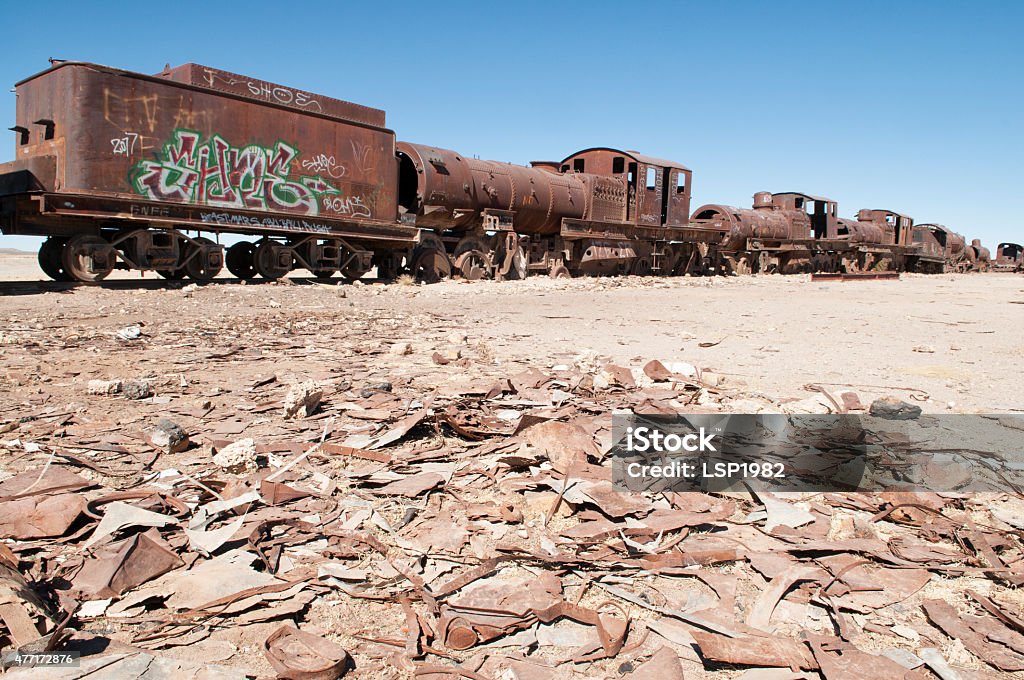 Train Cemetery. Rusty Junk. Salar desert, Bolivia. 2015 Stock Photo