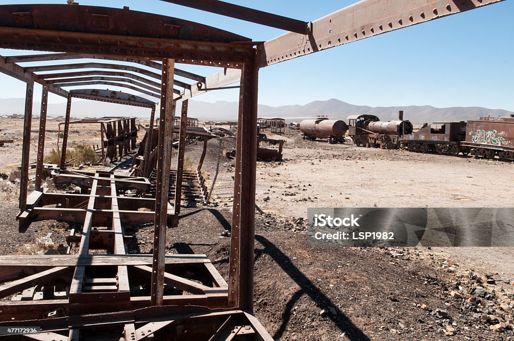 Train Cemetery. Rusty Junk. Salar desert, Bolivia. Cemetery Stock Photo