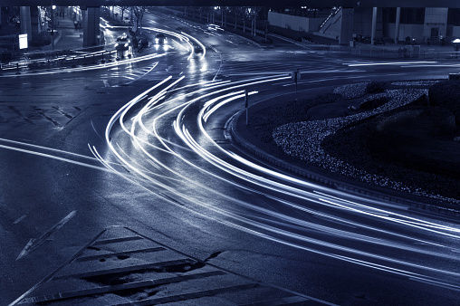 light trails on the steet in shanghai china.