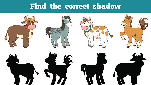Vector illustration of Find the correct shadow: farm animals (horse and cows)