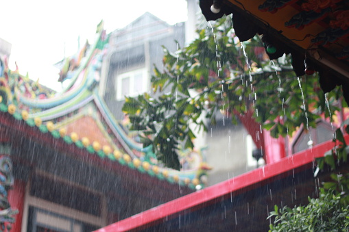 Heavy rain under a Chinese temple 