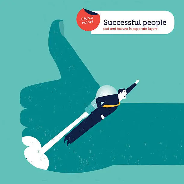 Vector illustration of Businessman with bulb rocket coming out of an ok hand