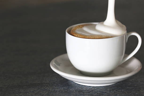 Cappuccino cup on a gray background Cup of coffee cappuccino with froth milk cappuccino coffee froth milk stock pictures, royalty-free photos & images