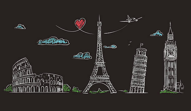 hand drawn достопримечательностей of europe on blackboard. - rome italy skyline europe stock illustrations