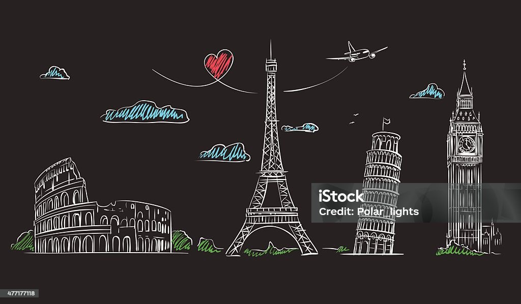Hand drawn sights of Europe on blackboard. Hand drawn tourist collage with sights of Europe on blackboard. Vector Illustration Travel stock vector