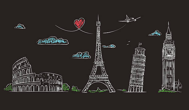 Hand drawn sights of Europe on blackboard. Hand drawn tourist collage with sights of Europe on blackboard. Vector Illustration geographical locations travel tourism cartography stock illustrations