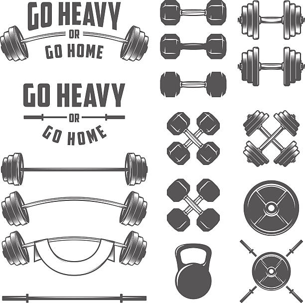 set of vintage gym equipment, quotes and design elements - weight stock illustrations