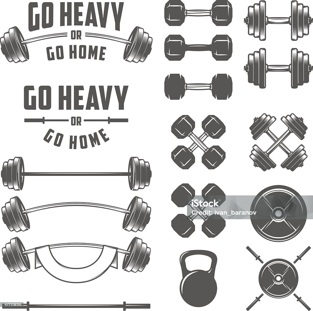Set of vintage gym equipment, quotes and design elements Set of vintage gym equipment, quotes and design elements. Barbell stock vector
