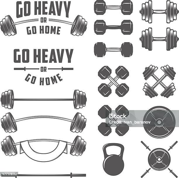 Set Of Vintage Gym Equipment Quotes And Design Elements Stock Illustration - Download Image Now