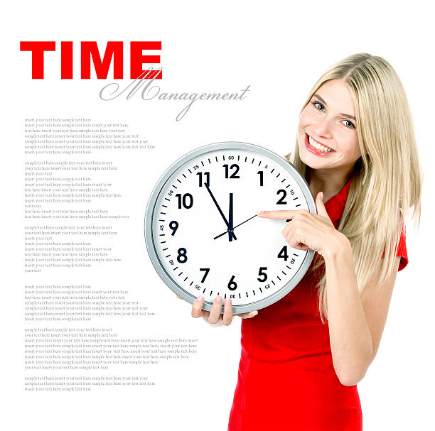 istock time management concept. young beautiful woman with big clock 477184283