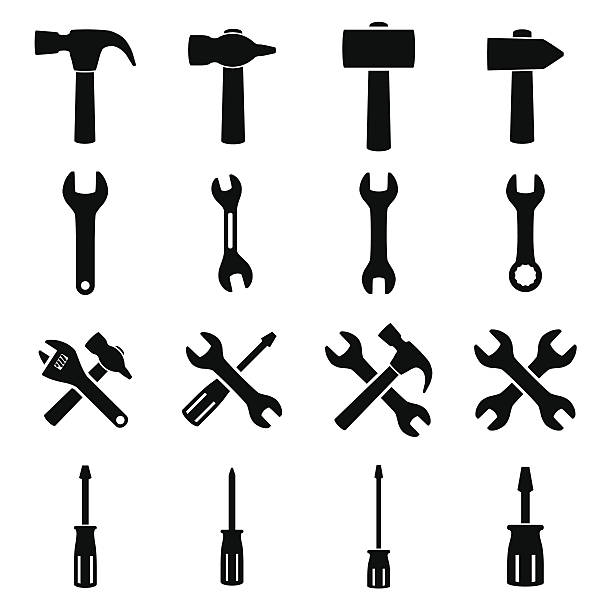 ilustraciones, imágenes clip art, dibujos animados e iconos de stock de conjunto de iconos de herramientas - hammer work tool isolated hand tool