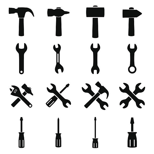 illustrazioni stock, clip art, cartoni animati e icone di tendenza di set di icone di strumenti - work tool symbol hammer repairing