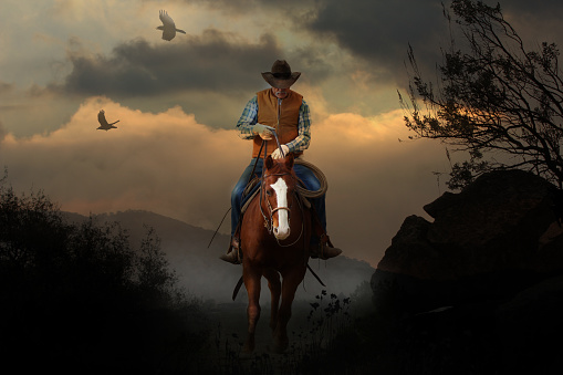 Beautiful photography image of a cowboy riding his horse in the mountains depicting an Americana Southwestern culture in a natural countryside.