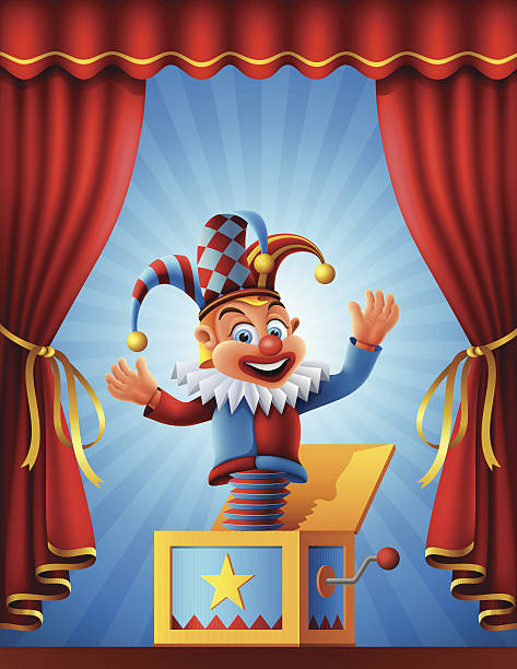 illustrazioni stock, clip art, cartoni animati e icone di tendenza di jack in the box - curtain red color image clown