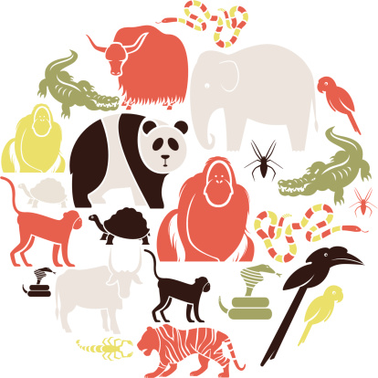 A set of Asian animals. See below for the other continents. See below for more animal images