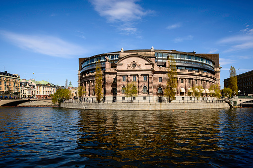 The Riksdag (Swedish parliament building) was designed by Aron Johansson and constructed between 1897 and 1905. It's located on the island of Helgeandsholmen in the Old Town (Gamla Stan) area of Stockholm.