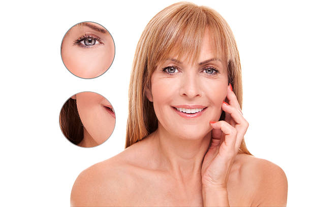 Before-and-after of mature woman Mature woman with visible wrinkles. In separate circles there are photos in which the condition of the skin is perfectly, without wrinkles. morph transition stock pictures, royalty-free photos & images