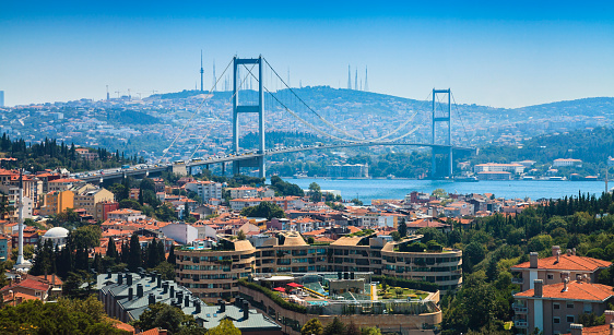 Panoramic view of Istanbul city with Bosphorus Bridge taken with sunny day in Turkey