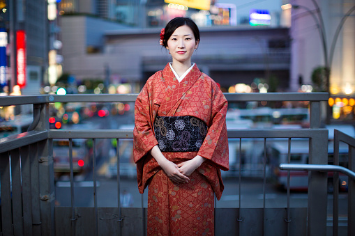 Japanese woman wearing a kimono in Tokyo.