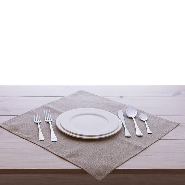 istock Empty plates and cutlery tablecloth on wooden table for dinner 477206682
