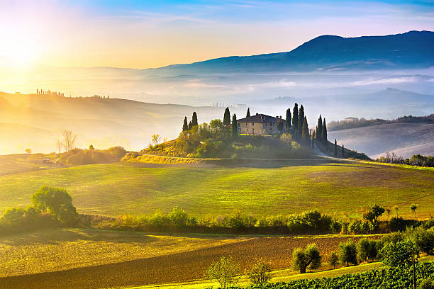 tuscany bei sonnenaufgang - tuscany stock-fotos und bilder