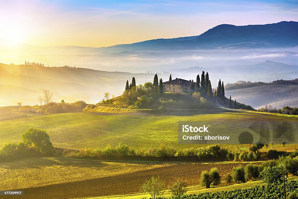 Tuscany at sunrise Tuscany foggy landscape at sunrise, Italy Tuscany Stock Photo