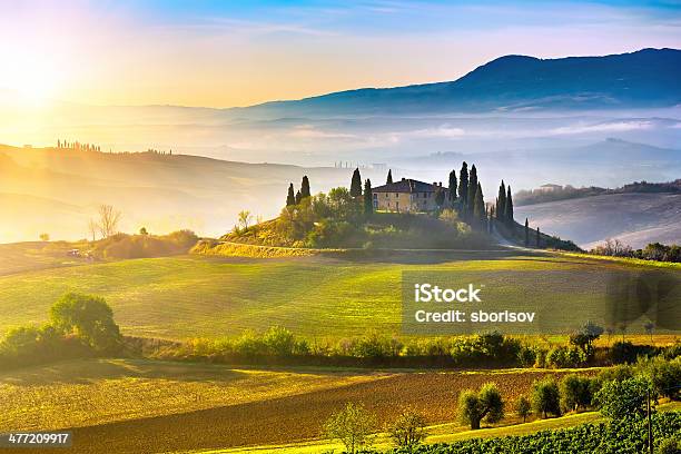 Tuscany At Sunrise Stock Photo - Download Image Now - Tuscany, Italy, Landscape - Scenery