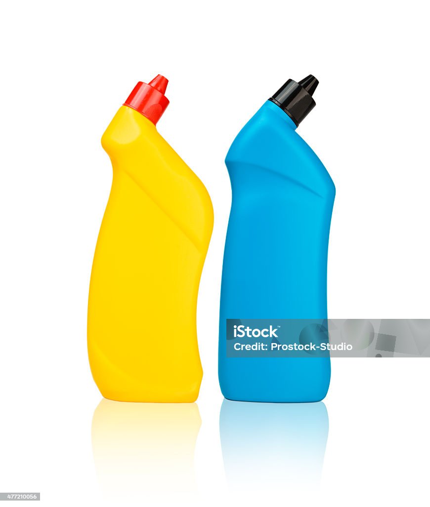 Two bottles of cleaning supply for toilet Blue and yellow  bottle of cleanser detergent for toilet cleaning 2015 Stock Photo