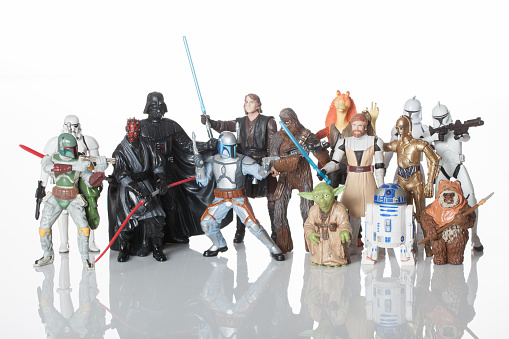 Cantonment, Fl, USA-June 1, 2015:  Group of figures on white background, shot in studio, character of Star Wars film franchise created by George Lucas.