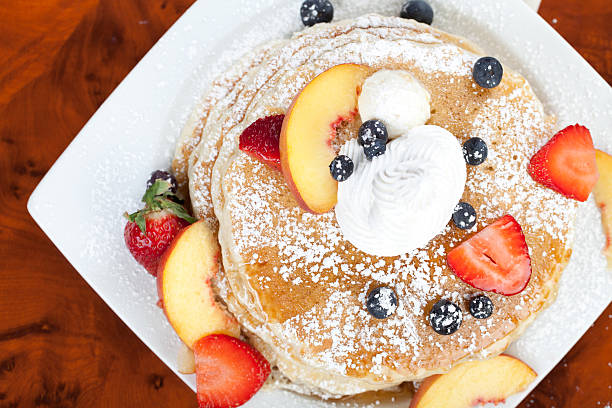 istock Pancakes with fruits top view 477214410