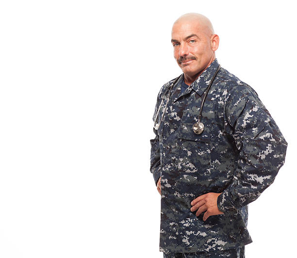 istock Serious Navy doctor on white background. 477214514