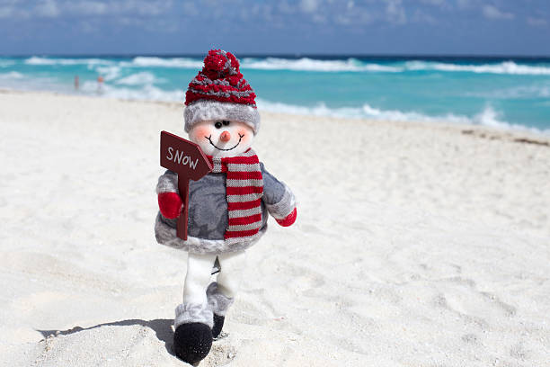 Toy snowman at the beach stock photo