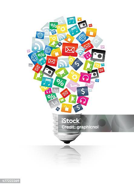 Creative Light Bulb With Cloud Of Colorful Application Icon Stock Photo - Download Image Now