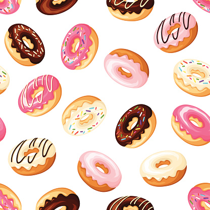 Vector seamless pattern with colorful donuts with glaze and sprinkles on a white background.