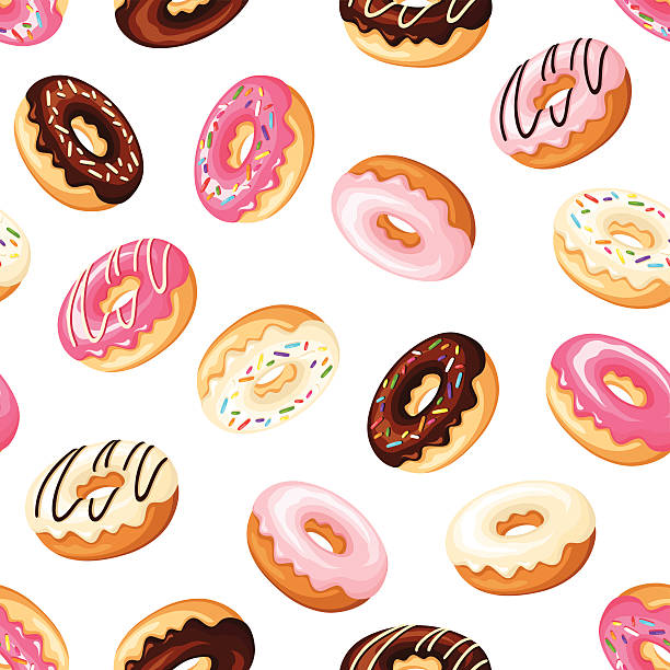 Seamless background with donuts. Vector illustration. Vector seamless pattern with colorful donuts with glaze and sprinkles on a white background. doughnut stock illustrations